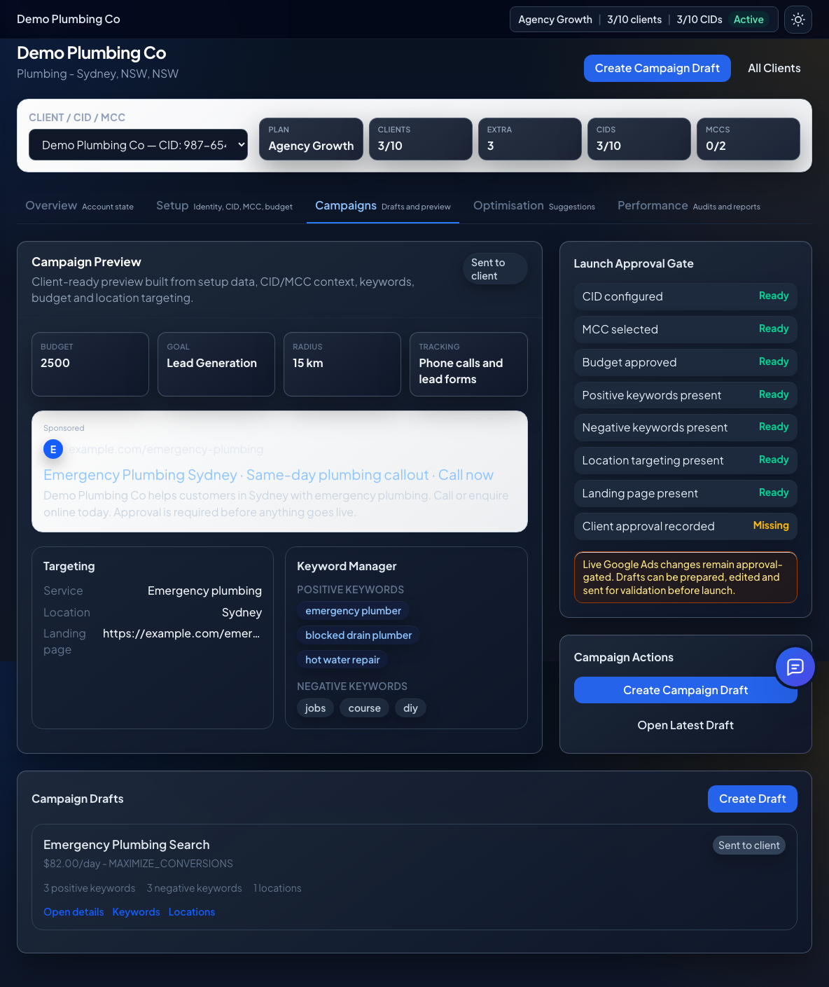 Google Ads campaign review screenshot in dark theme