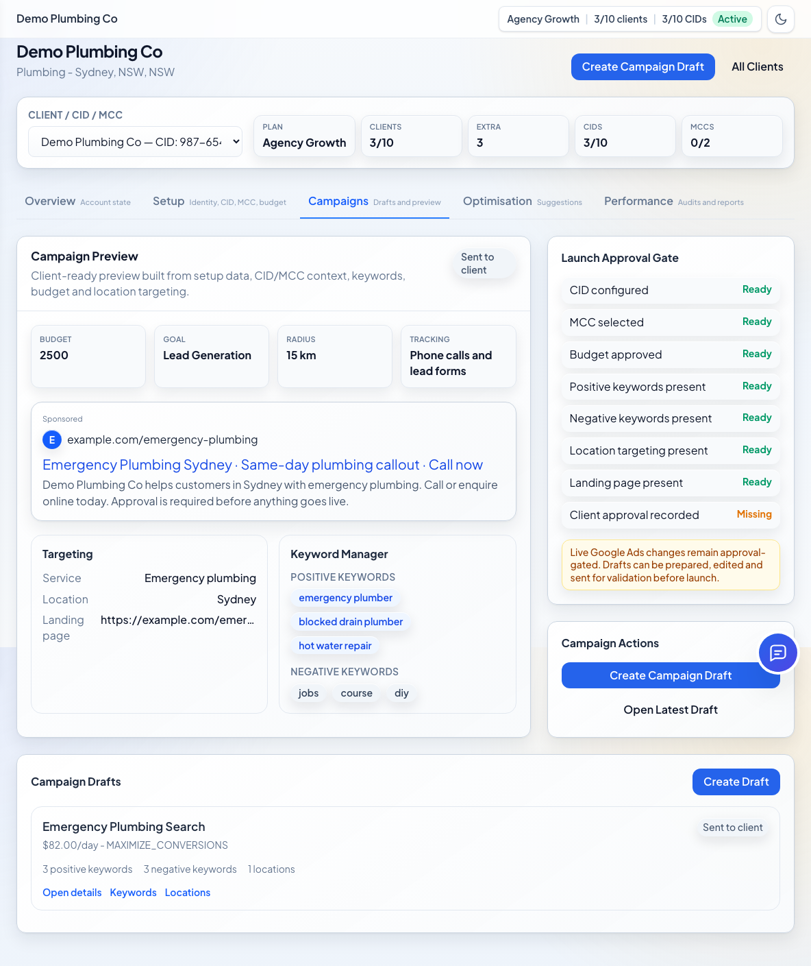 Google Ads campaign review screenshot in light theme