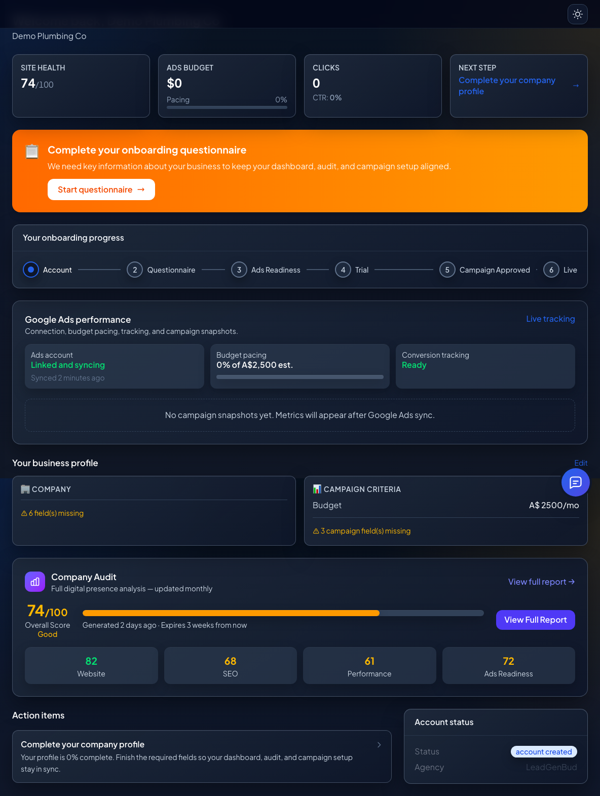 Client dashboard audit screenshot in dark theme