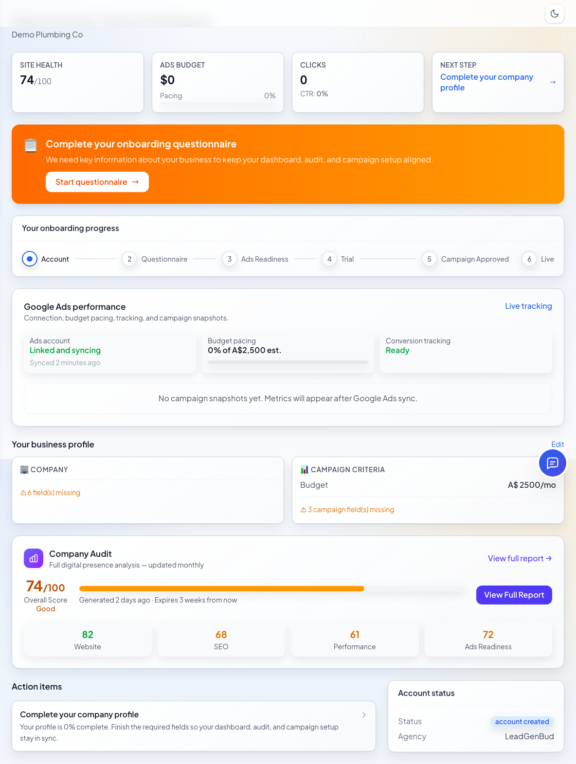 Client dashboard audit screenshot in light theme
